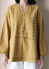 Khakhi yellow Bhuj cotton tunic with applique embroidery - Sohni