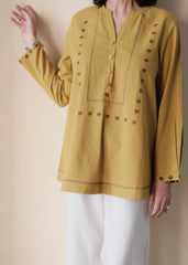Khakhi yellow Bhuj cotton tunic with applique embroidery - Sohni