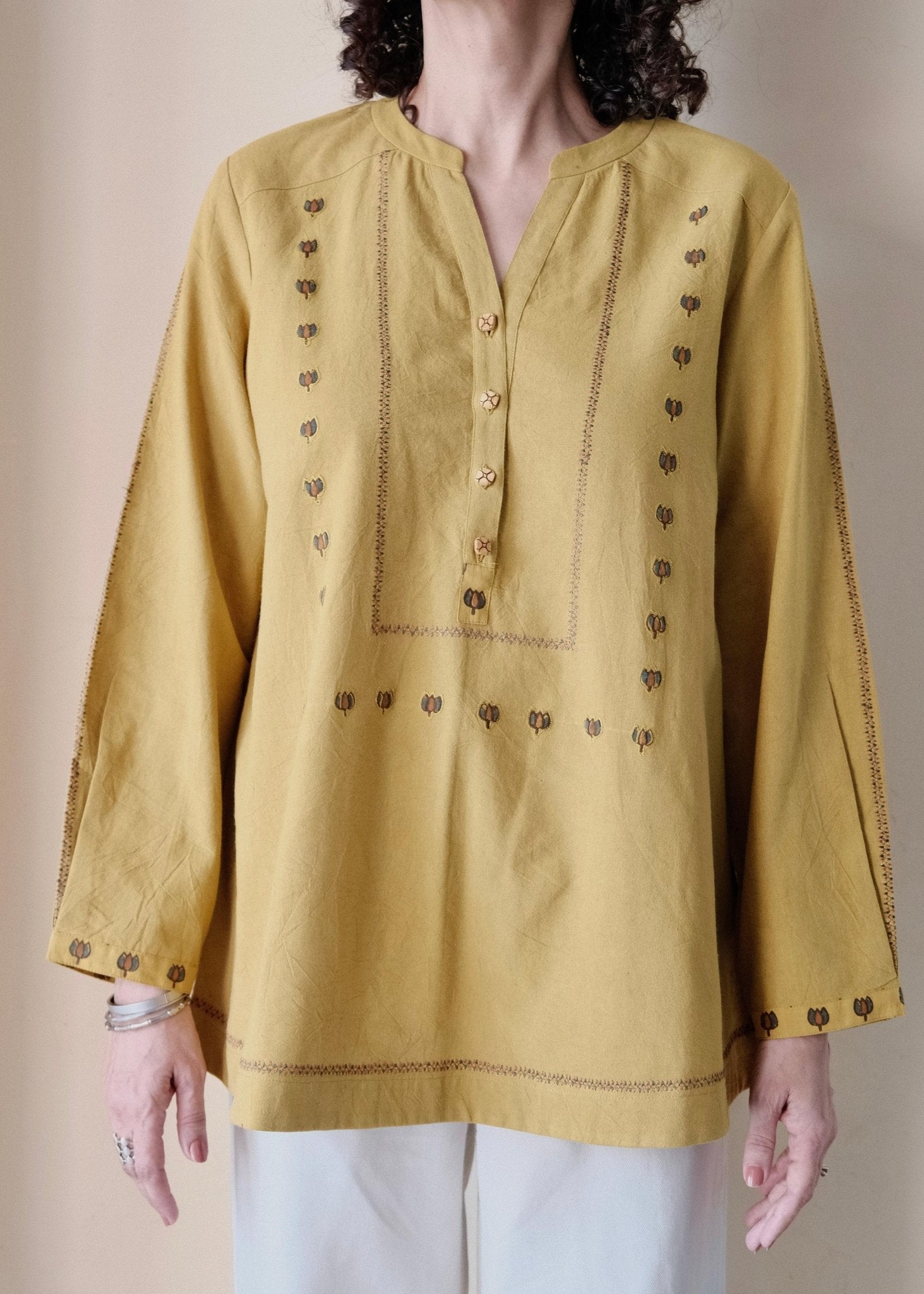 Khakhi yellow Bhuj cotton tunic with applique embroidery - Sohni