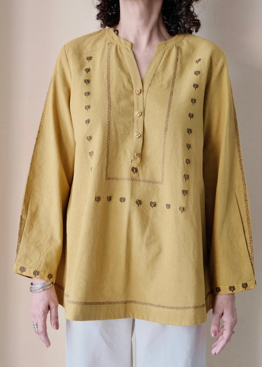 Khakhi yellow Bhuj cotton tunic with applique embroidery - Sohni