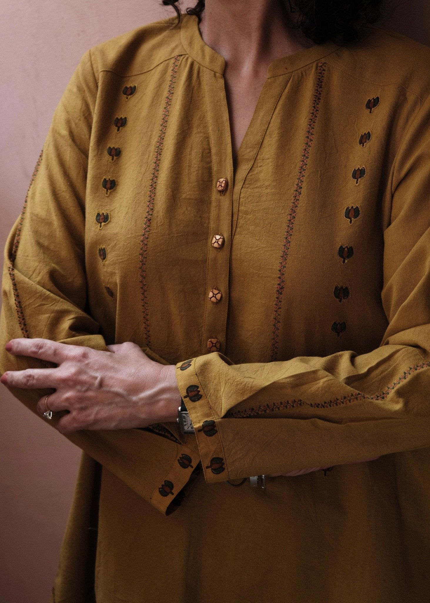 Khakhi yellow Bhuj cotton tunic with applique embroidery - Sohni