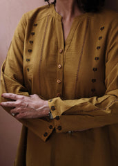 Khakhi yellow Bhuj cotton tunic with applique embroidery - Sohni