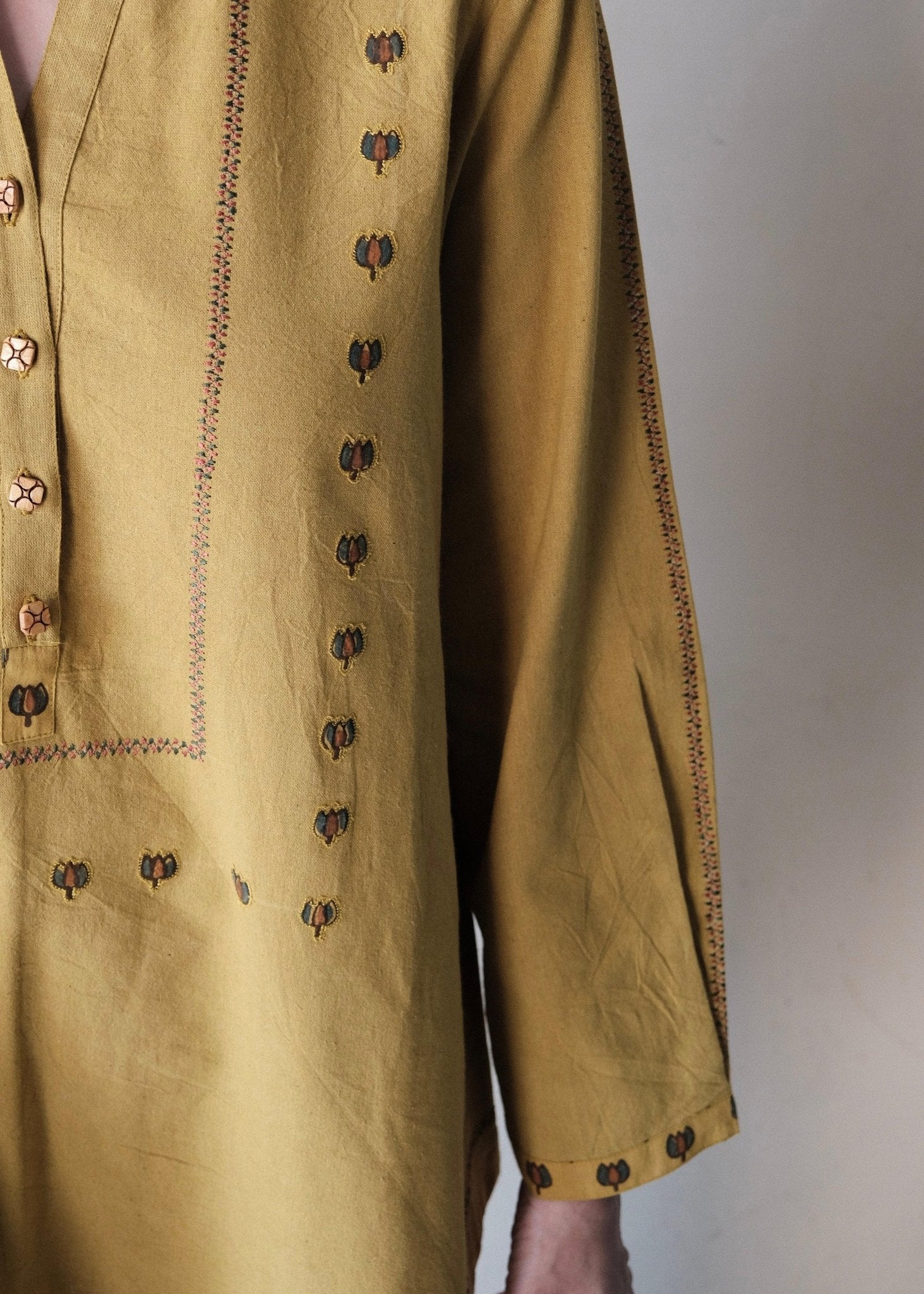 Khakhi yellow Bhuj cotton tunic with applique embroidery - Sohni