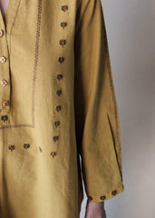 Khakhi yellow Bhuj cotton tunic with applique embroidery - Sohni