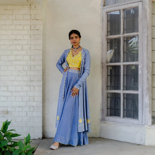 Lavender blue chanderi mirror work cape with chartreuse embroidered blouse and sharara pants - Sohni
