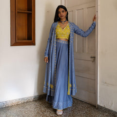 Lavender blue chanderi mirror work cape with chartreuse embroidered blouse and sharara pants - Sohni