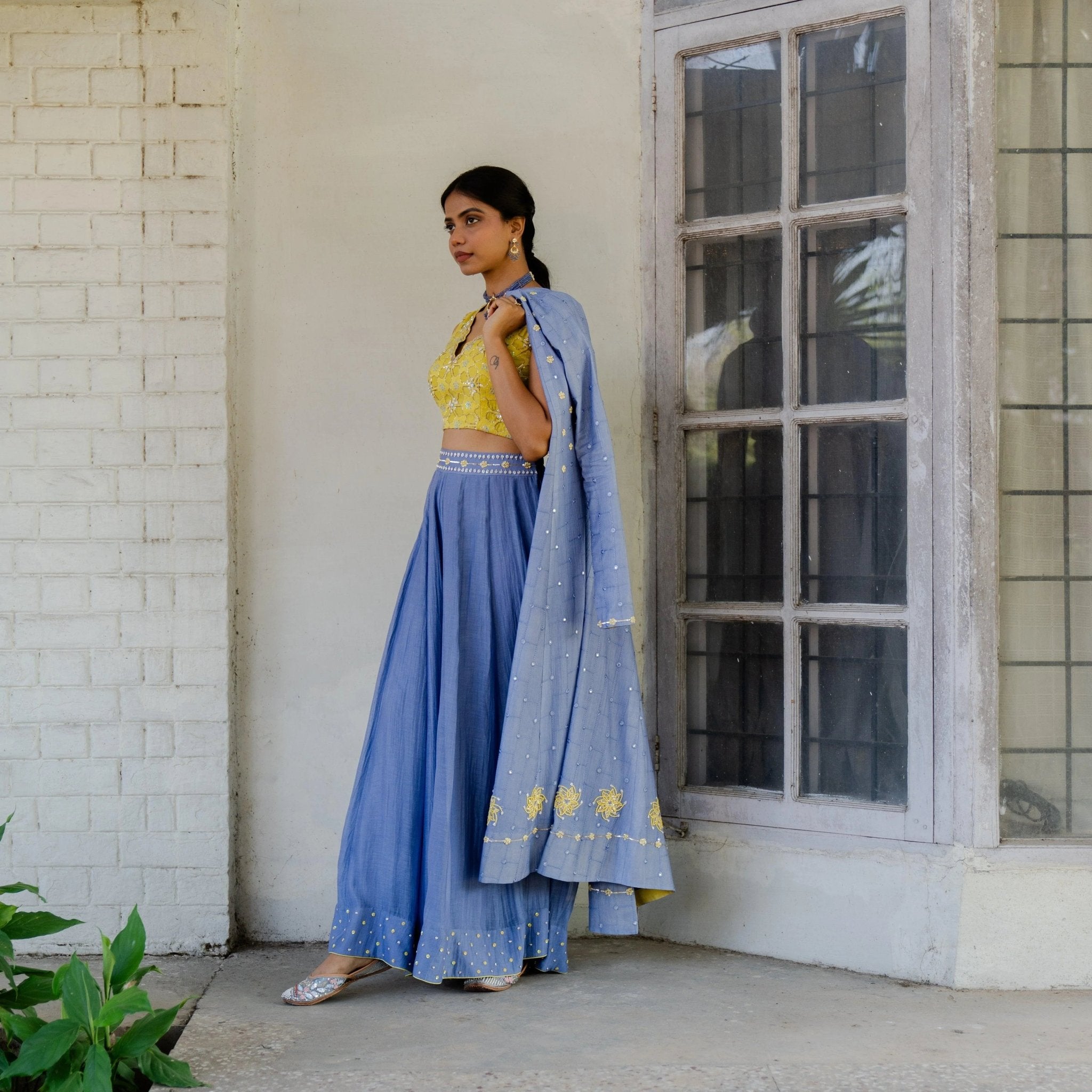 Lavender blue chanderi mirror work cape with chartreuse embroidered blouse and sharara pants - Sohni