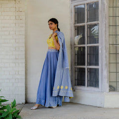 Lavender blue chanderi mirror work cape with chartreuse embroidered blouse and sharara pants - Sohni