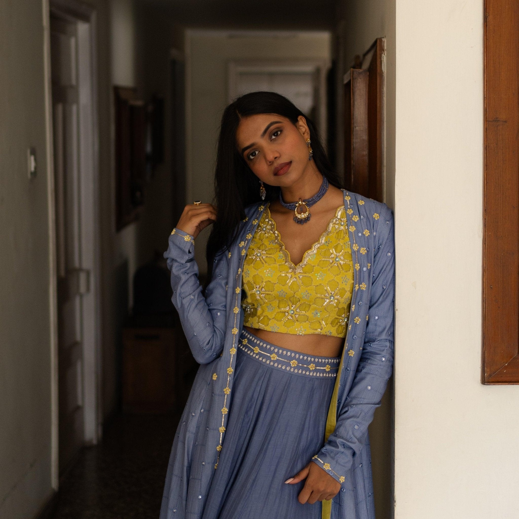 Lavender blue chanderi mirror work cape with chartreuse embroidered blouse and sharara pants - Sohni
