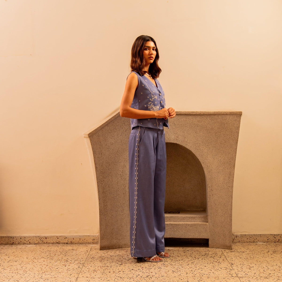 Lavender blue waistcoat and pants with pearls embroidery - Sohni