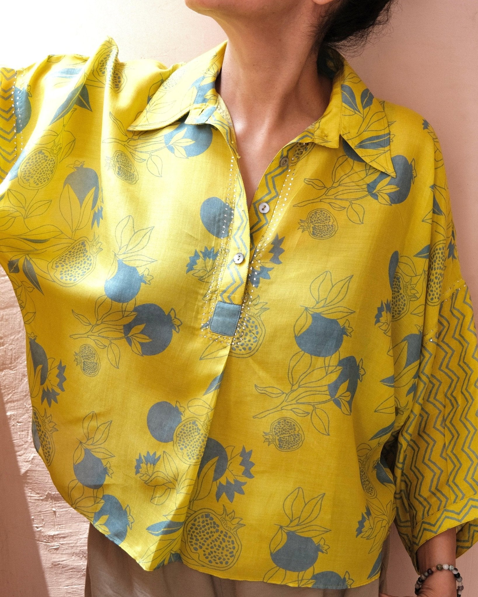 Lime pomegranate print muslin anti fit top - Sohni