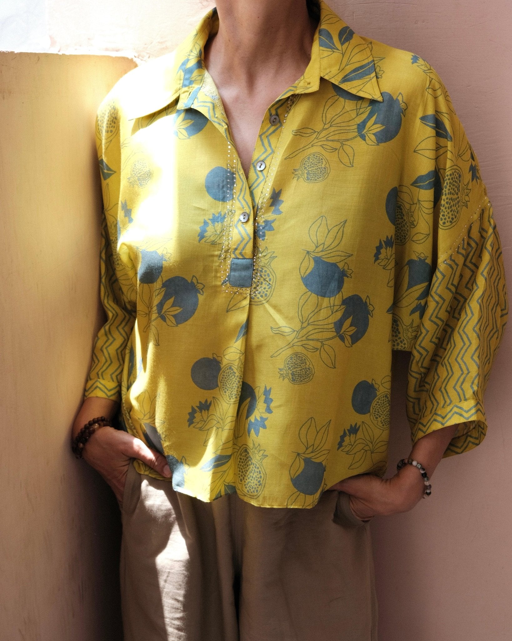 Lime pomegranate print muslin anti fit top - Sohni