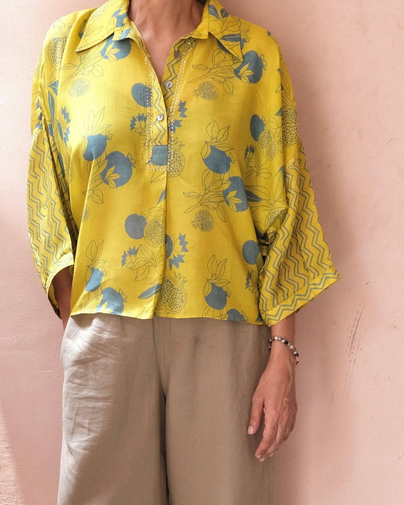 Lime pomegranate print muslin anti fit top - Sohni