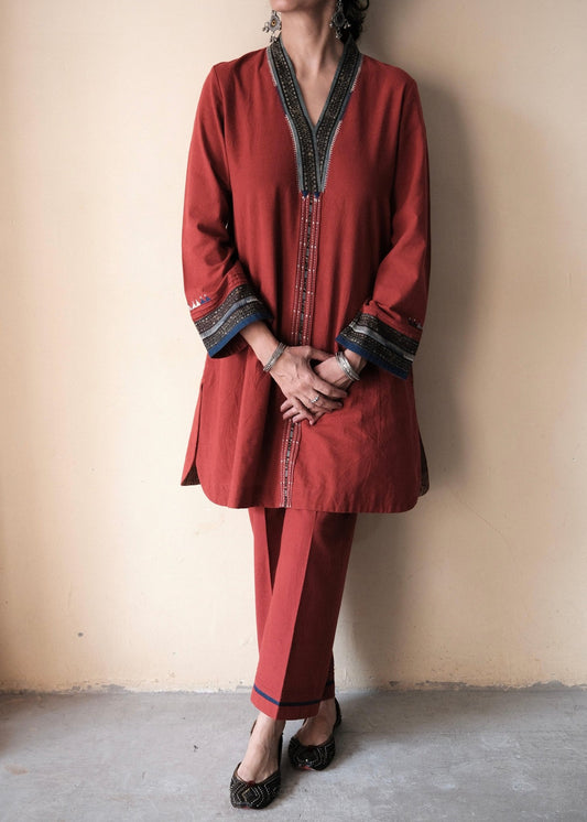 Madder red Bhuj cotton co ord set - Sohni