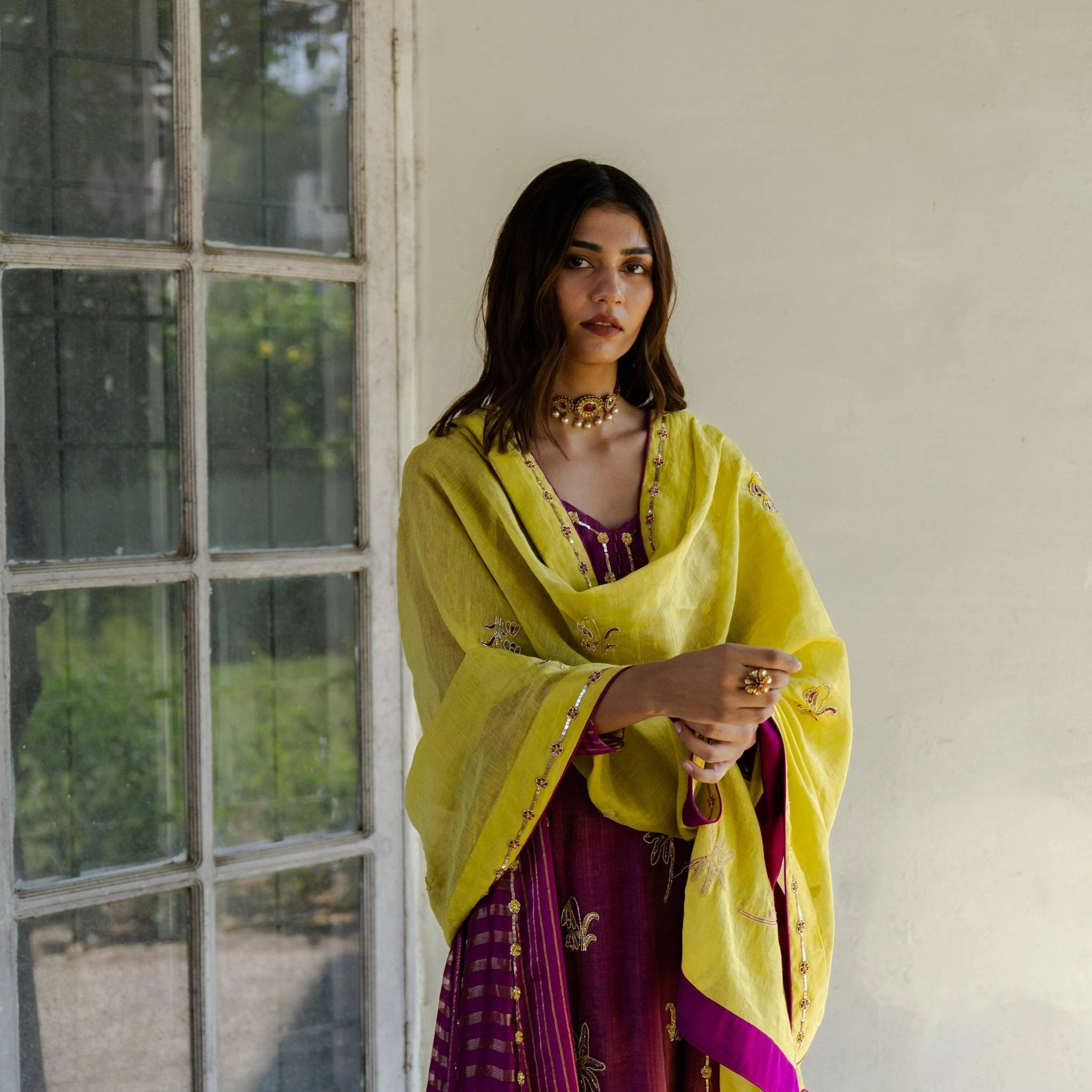 Magenta striped tissue kalidaar kurta with churidaar and chartreuse tissue dupatta - Sohni