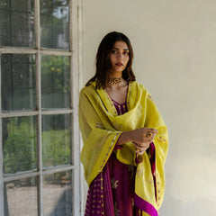 Magenta striped tissue kalidaar kurta with churidaar and chartreuse tissue dupatta - Sohni
