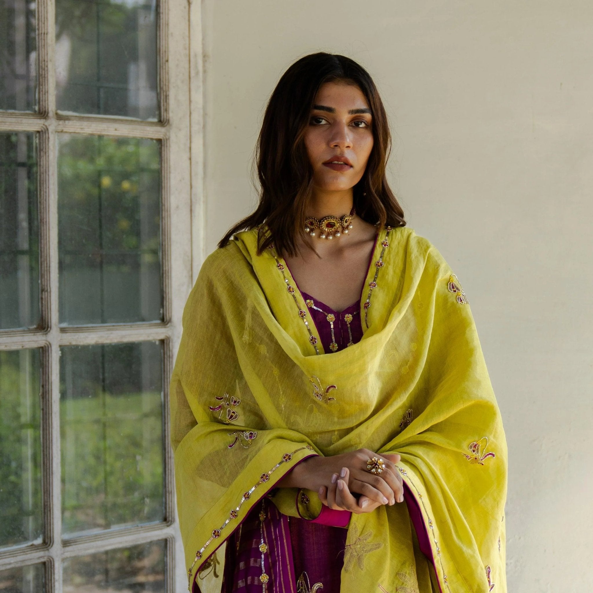 Magenta striped tissue kalidaar kurta with churidaar and chartreuse tissue dupatta - Sohni