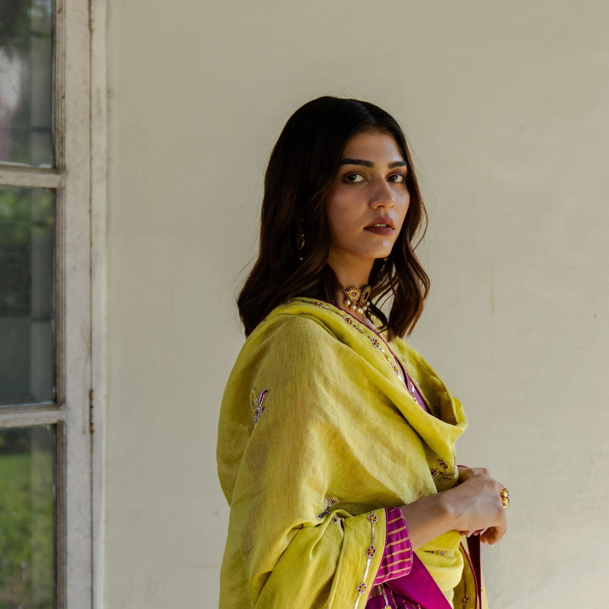 Magenta striped tissue kalidaar kurta with churidaar and chartreuse tissue dupatta - Sohni
