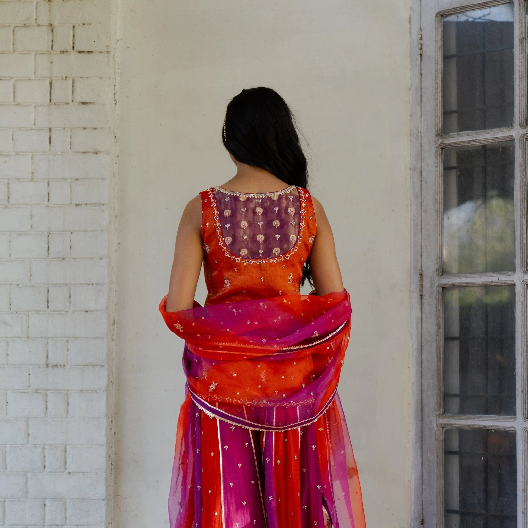 Magenta vermillion tissue chanderi sharara set with lehriya tissue dupatta - Sohni