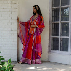 Magenta vermillion tissue chanderi sharara set with lehriya tissue dupatta - Sohni