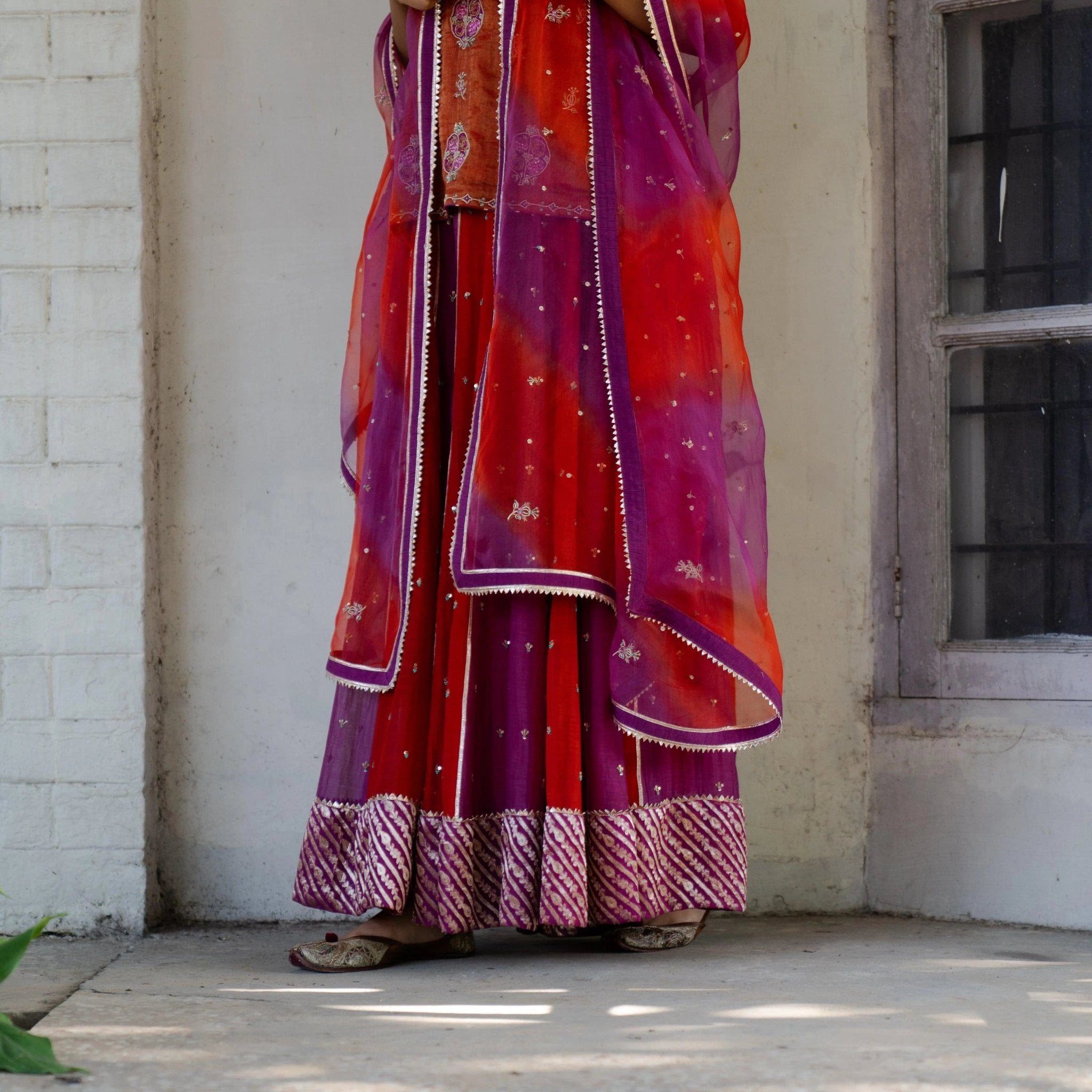 Magenta vermillion tissue chanderi sharara set with lehriya tissue dupatta - Sohni