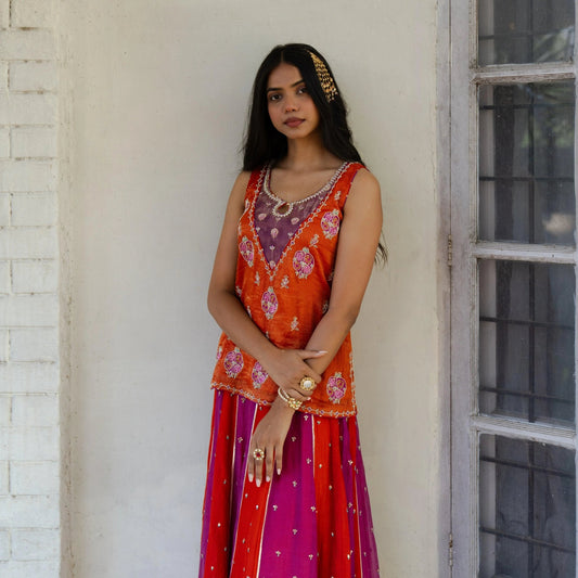 Magenta vermillion tissue chanderi sharara set with lehriya tissue dupatta - Sohni