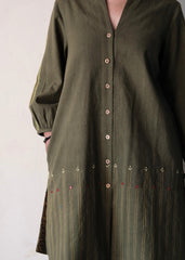 Mehndi green Bhuj cotton co ord set with stitch lines - Sohni