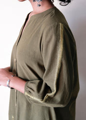 Mehndi green Bhuj cotton co ord set with stitch lines - Sohni