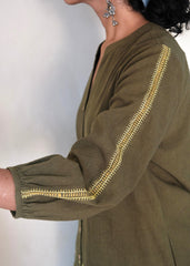 Mehndi green Bhuj cotton co ord set with stitch lines - Sohni