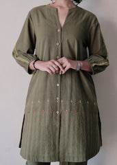 Mehndi green Bhuj cotton co ord set with stitch lines - Sohni