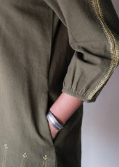 Mehndi green Bhuj cotton co ord set with stitch lines - Sohni