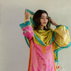 Mithai pink and orange lehriya tissue short kurta and salwar with chartreuse tissue dupatta - Sohni