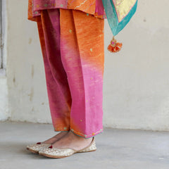 Mithai pink and orange lehriya tissue short kurta and salwar with chartreuse tissue dupatta - Sohni
