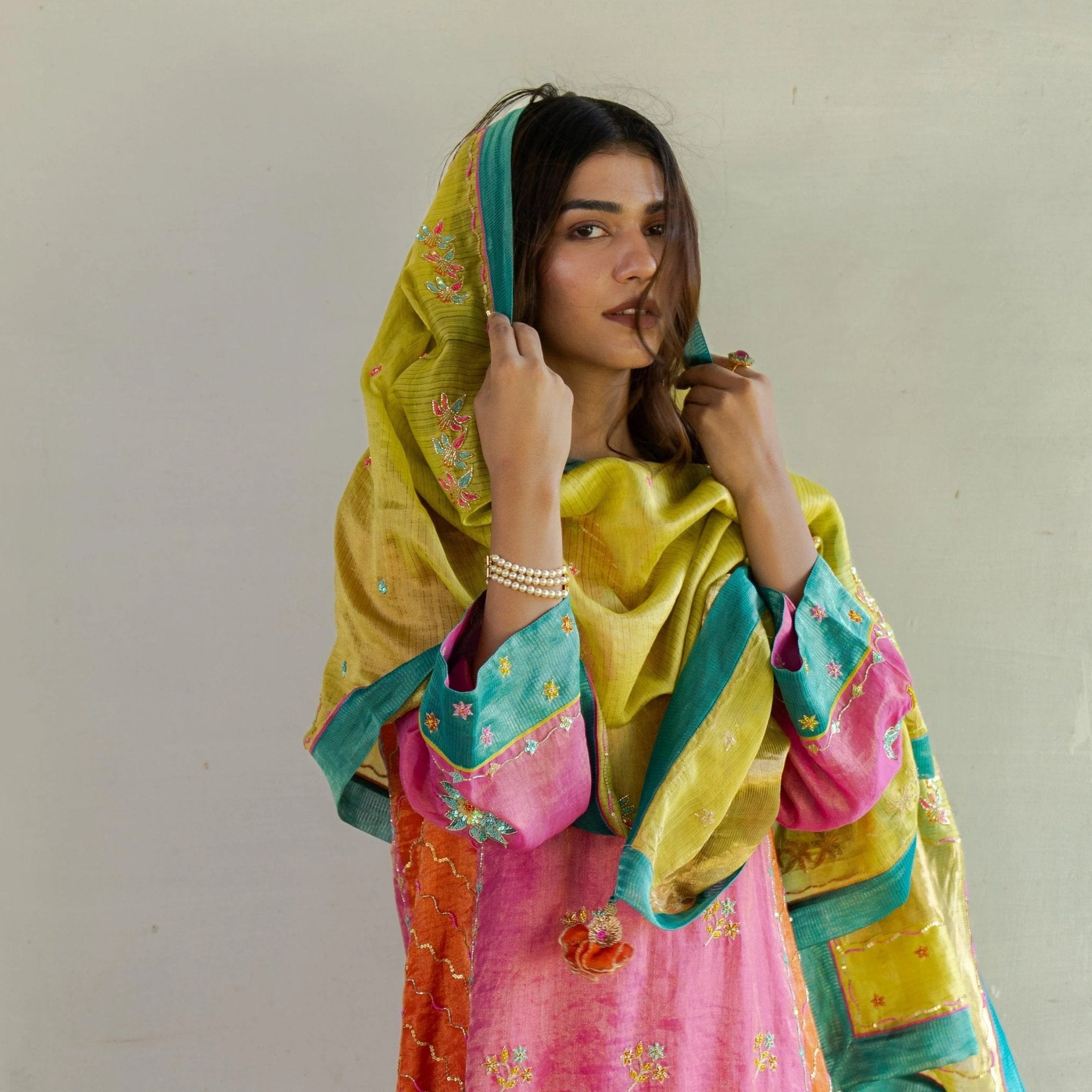 Mithai pink and orange lehriya tissue short kurta and salwar with chartreuse tissue dupatta - Sohni