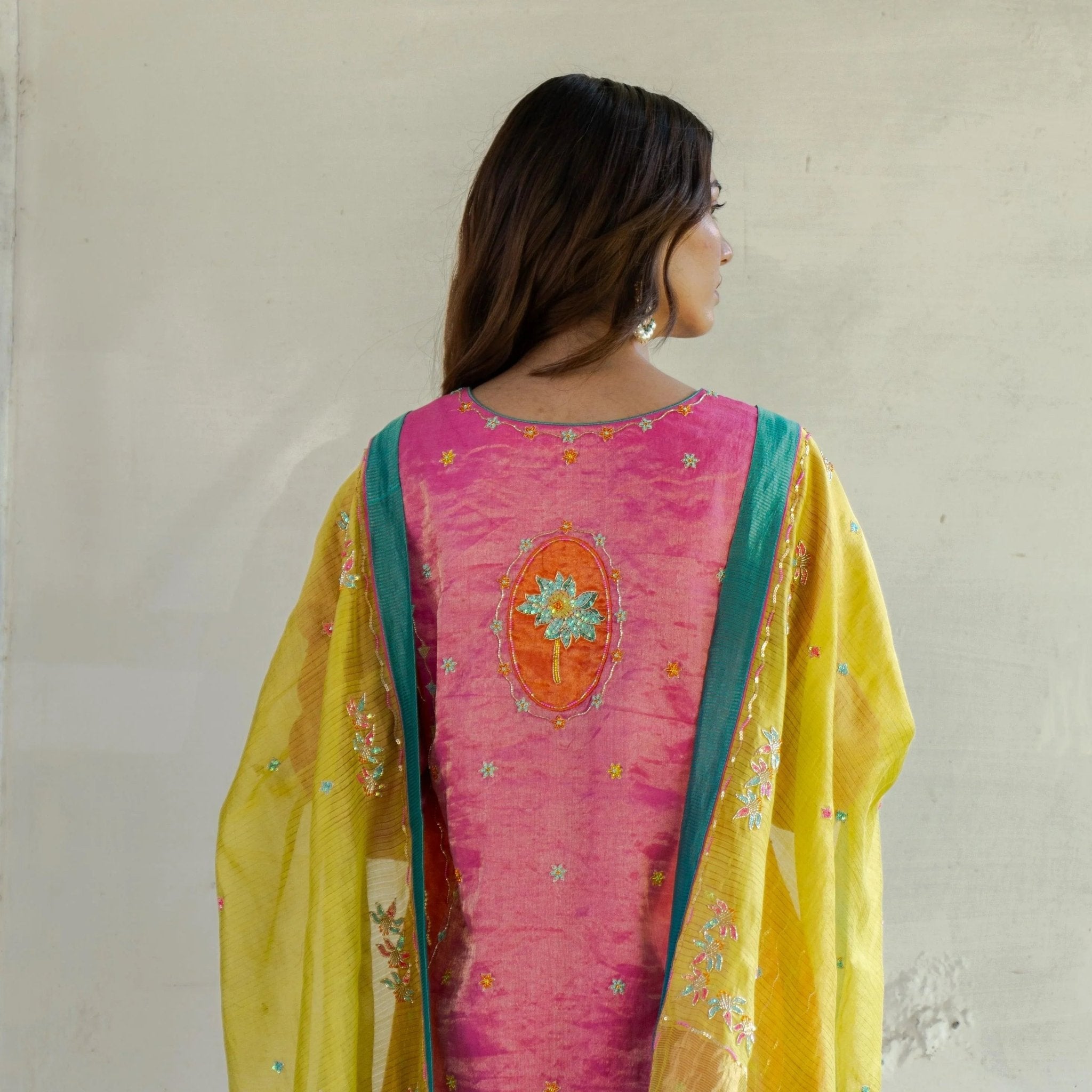 Mithai pink and orange lehriya tissue short kurta and salwar with chartreuse tissue dupatta - Sohni