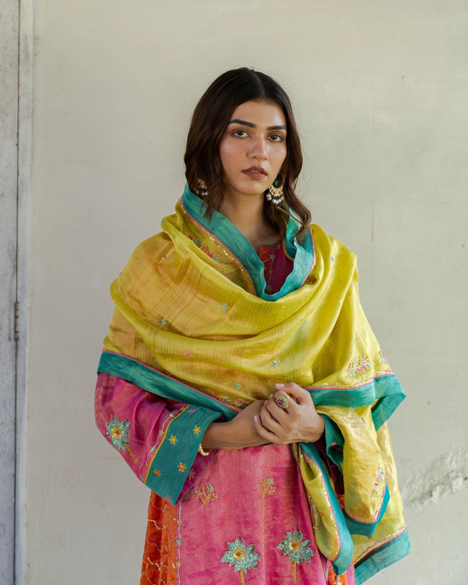 Mithai pink and orange lehriya tissue short kurta and salwar with chartreuse tissue dupatta - Sohni