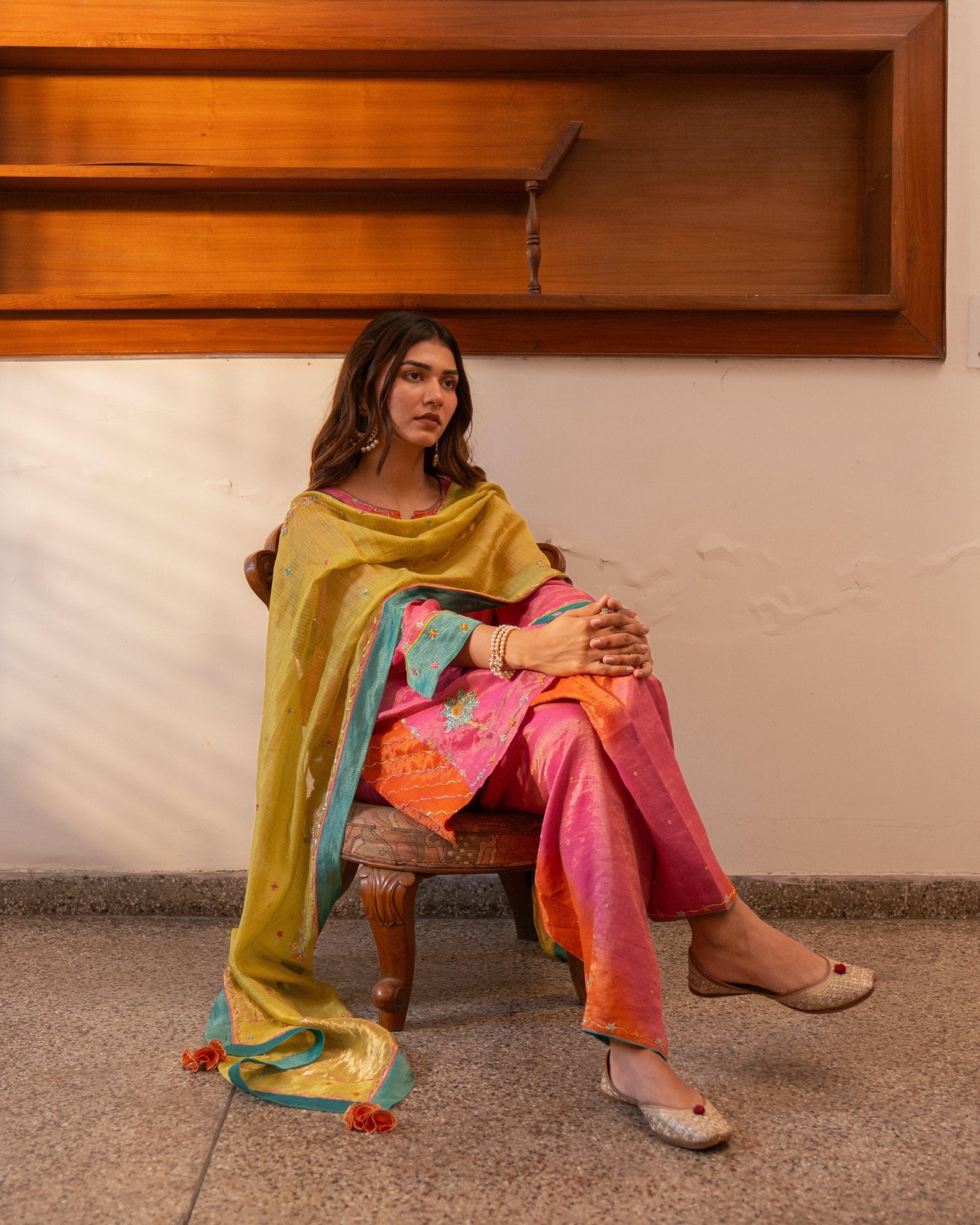 Mithai pink and orange lehriya tissue short kurta and salwar with chartreuse tissue dupatta - Sohni