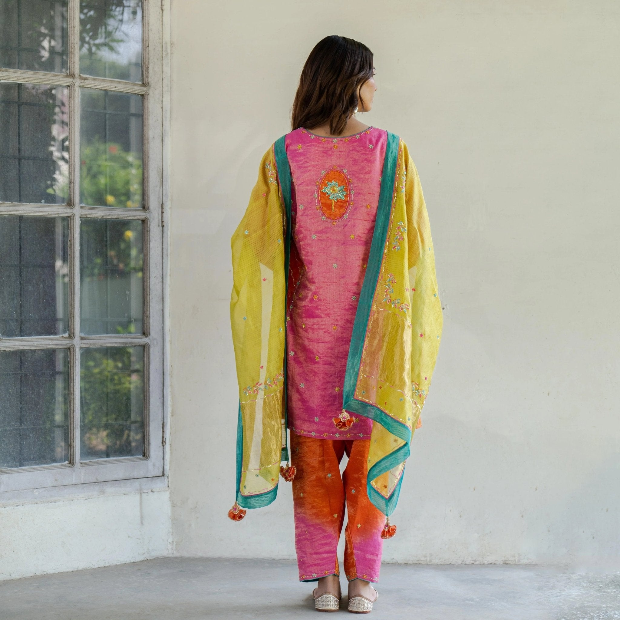 Mithai pink and orange lehriya tissue short kurta and salwar with chartreuse tissue dupatta - Sohni