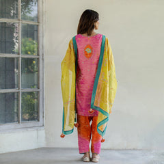 Mithai pink and orange lehriya tissue short kurta and salwar with chartreuse tissue dupatta - Sohni