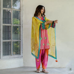 Mithai pink and orange lehriya tissue short kurta and salwar with chartreuse tissue dupatta - Sohni