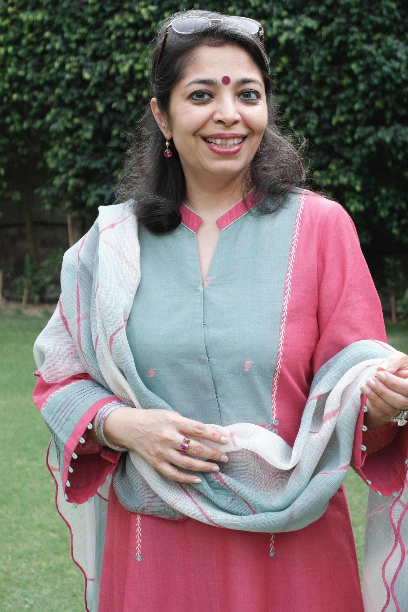 Mithai pink mangalgiri kalidaar kurta with cream jacquard salwar and scalloped lehriya kota doria dupatta - Sohni