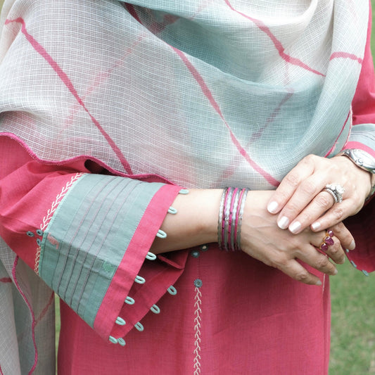 Mithai pink mangalgiri kalidaar kurta with cream jacquard salwar and scalloped lehriya kota doria dupatta - Sohni