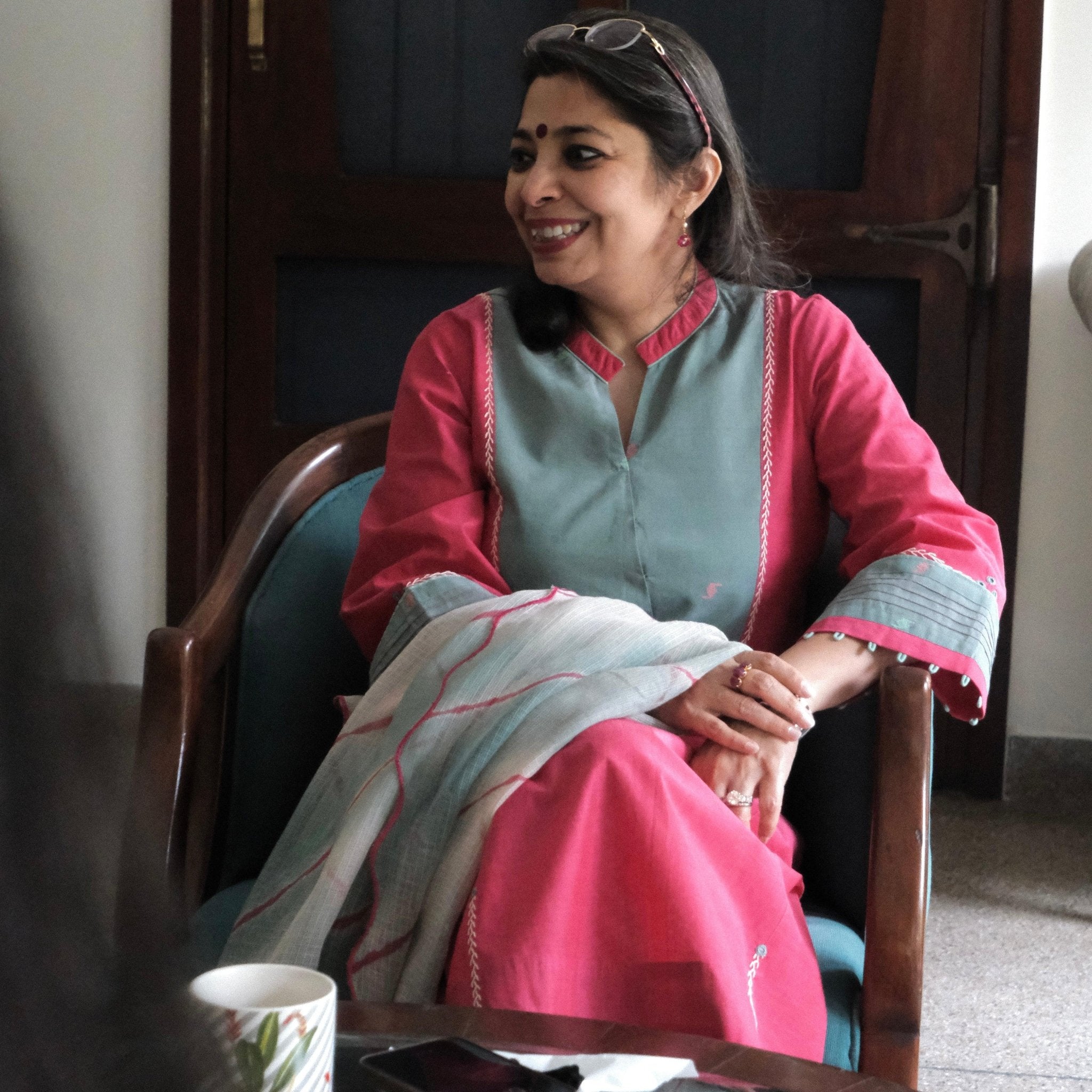 Mithai pink mangalgiri kalidaar kurta with cream jacquard salwar and scalloped lehriya kota doria dupatta - Sohni