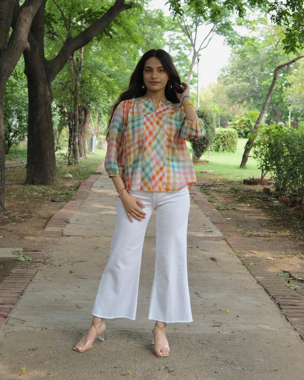 Multicoloured chequered muslin top - Sohni