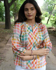 Multicoloured chequered muslin top - Sohni