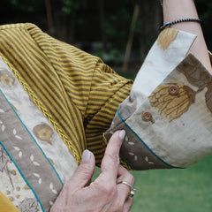 Mustard striped hand embroidered mangalgiri kurta with bagru print yoke, ajrakh salwar and lehriya kota doriya dupatta - Sohni
