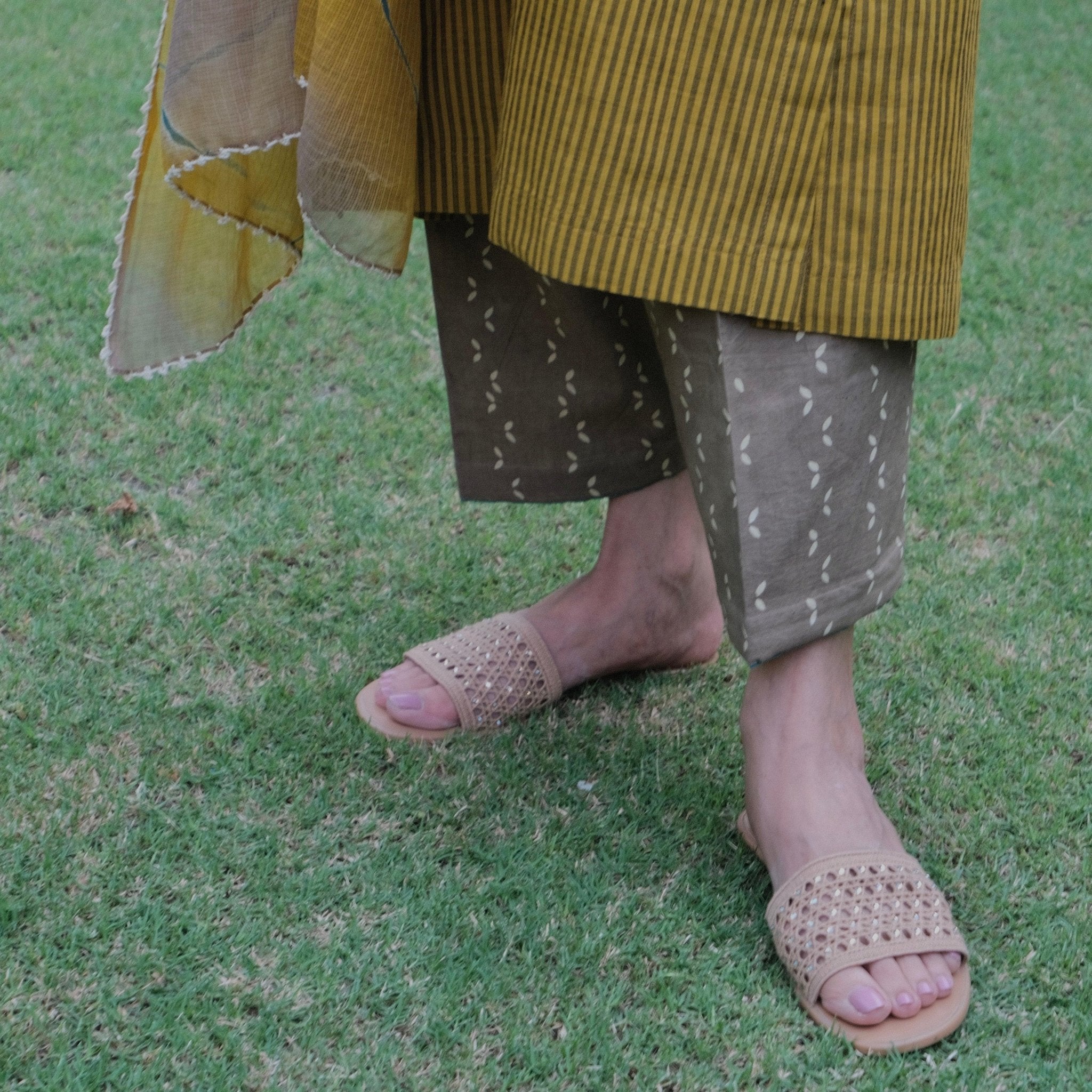 Mustard striped hand embroidered mangalgiri kurta with bagru print yoke, ajrakh salwar and lehriya kota doriya dupatta - Sohni