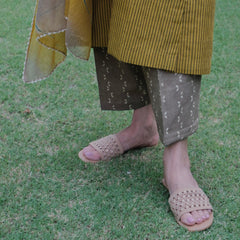 Mustard striped hand embroidered mangalgiri kurta with bagru print yoke, ajrakh salwar and lehriya kota doriya dupatta - Sohni