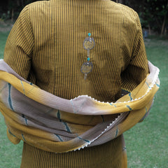 Mustard striped hand embroidered mangalgiri kurta with bagru print yoke, ajrakh salwar and lehriya kota doriya dupatta - Sohni