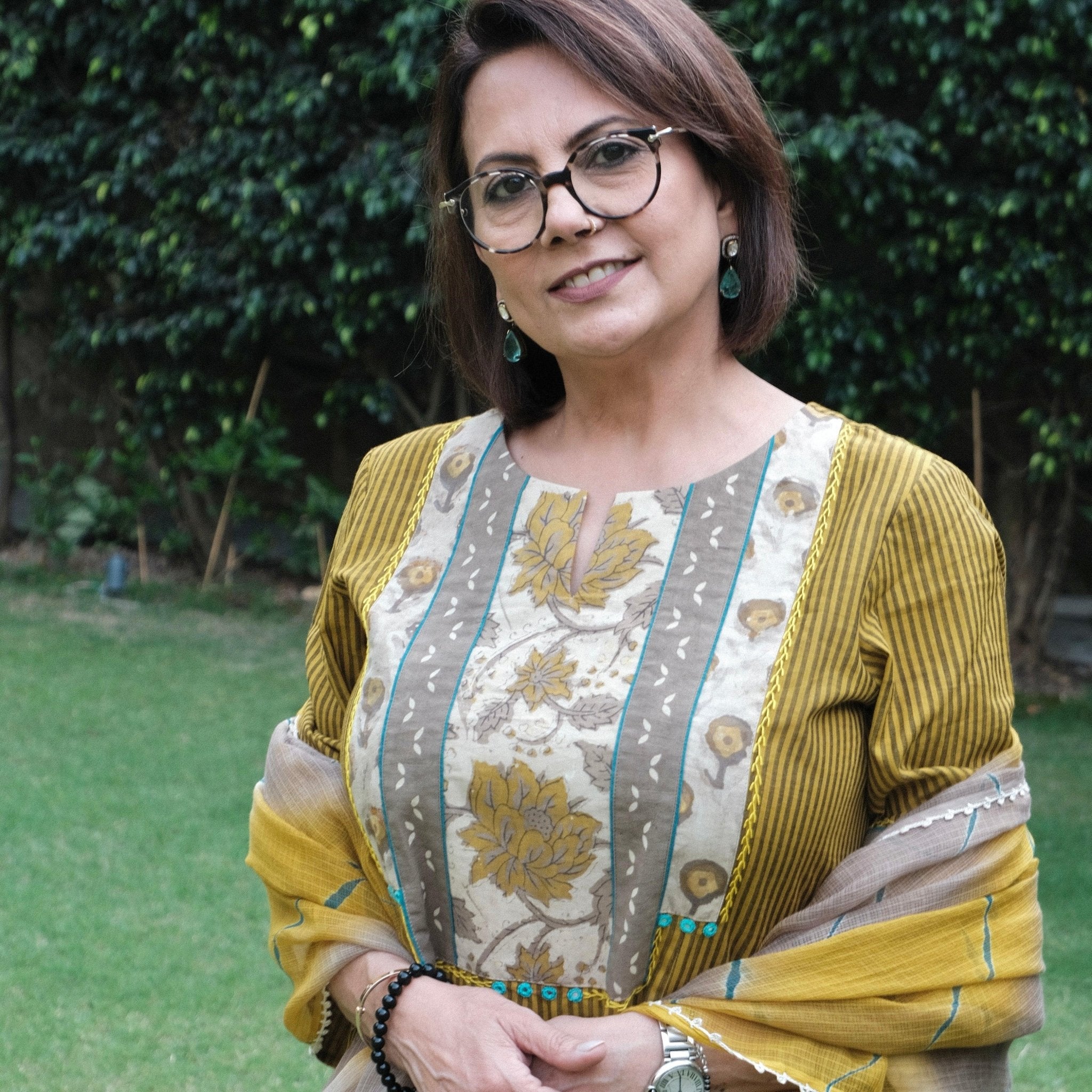 Mustard striped hand embroidered mangalgiri kurta with bagru print yoke, ajrakh salwar and lehriya kota doriya dupatta - Sohni